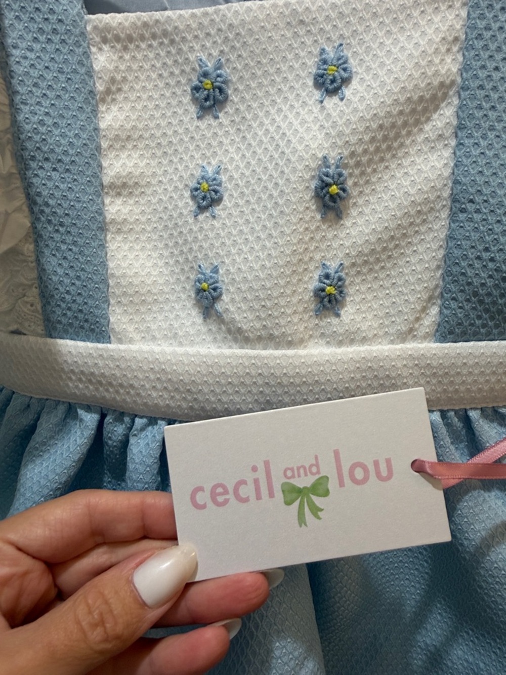 Blue Embroidered Pinafore Set with Eyelet Sleeve Top - Picture 2 of 6